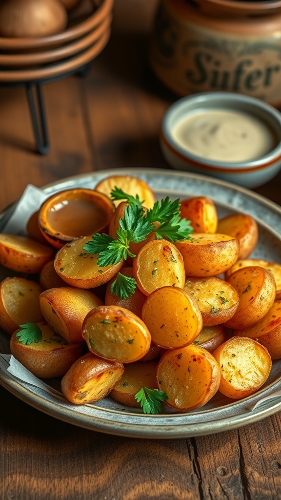 Crispy air fryer new potatoes garnished with parsley on a rustic wooden plate.